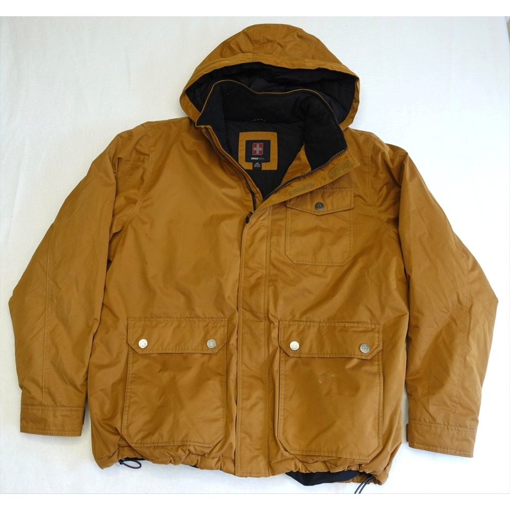 SWISSTECH Jacket Mens L Brown Hooded Full Zip Windbreaker Lined Pockets Outdoor